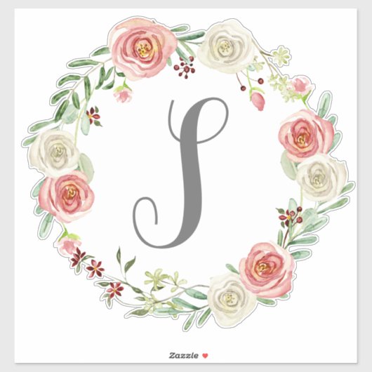 Monogram Letter S Waterverf Roos Bloemkrans Sticker (Vel)