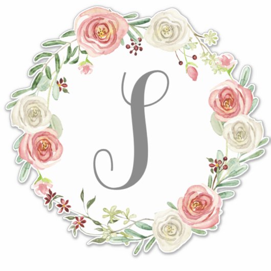 Monogram Letter S Waterverf Roos Bloemkrans Sticker (Voorkant)