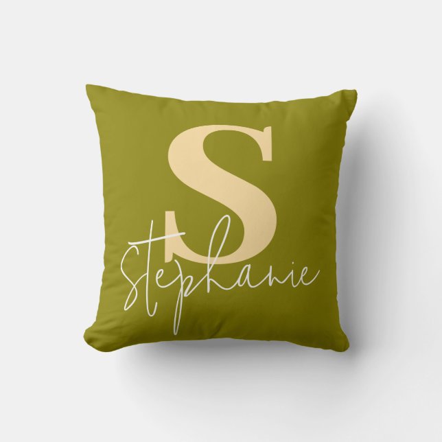 Monogram Letter Script Groene Gele Worp Kussen (Voorkant)