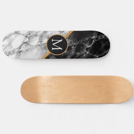 Monogram Letter Skateboard Gift Black White Marmer (Horizontaal)