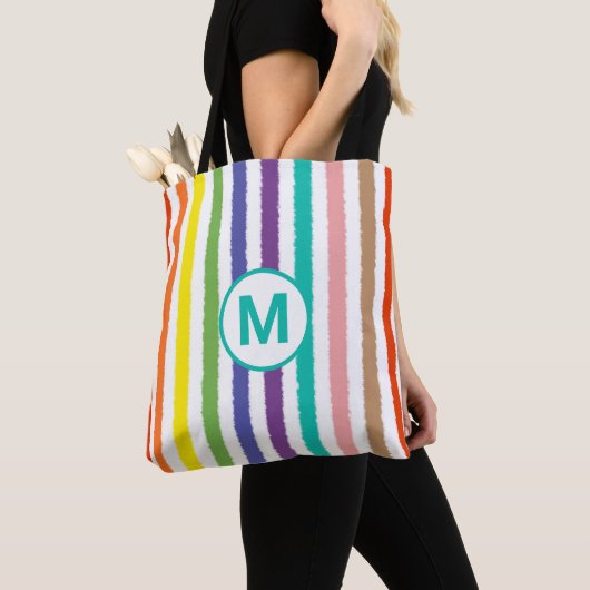 Monogram Letter Summer Beach Fun Rainbow Stripe Tote Bag (Dichtbij)