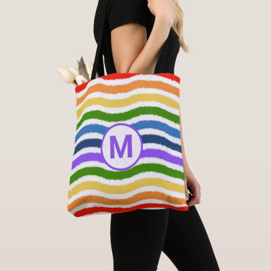 Monogram Letter Summer Beach Fun Rainbow Waves Tote Bag (Dichtbij)
