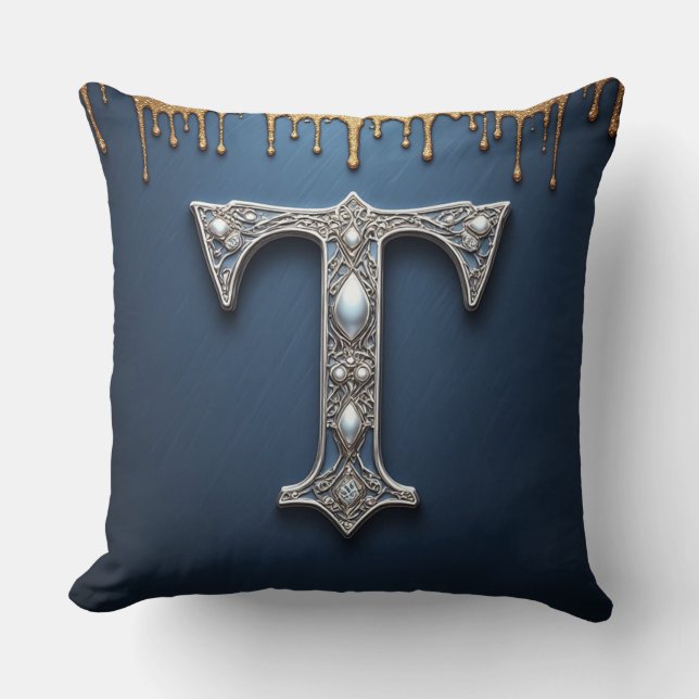 Monogram Letter T Navy Goud Druipende Verf Kussen (Voorkant)