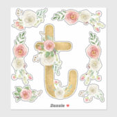 Monogram Letter T Pink Rose Floral Leaf Waterverf Sticker (Vel)
