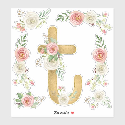 Monogram Letter T Pink Rose Floral Leaf Waterverf Sticker (Vel)