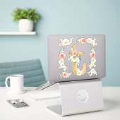 Monogram Letter T Pink Rose Floral Leaf Waterverf Sticker (Laptop op bureau)