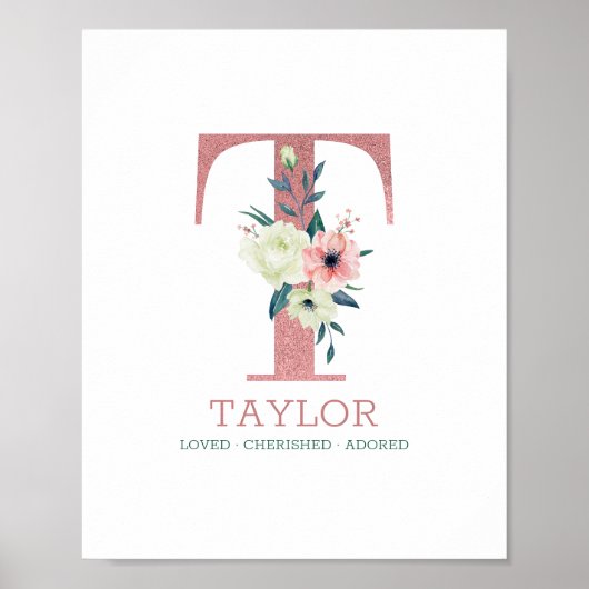 Monogram Letter T Roze Waterverf Floral Neursery Poster (Voorkant)