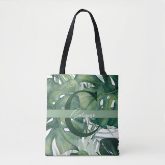 Monogram Letter Tropische bladeren Monstera groen Tote Bag