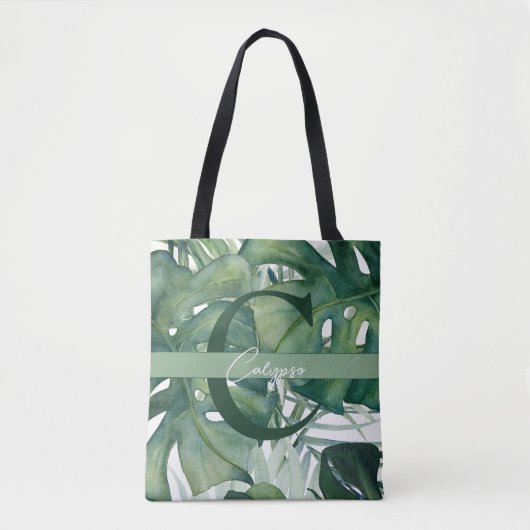 Monogram Letter Tropische bladeren Monstera groen Tote Bag (Voorkant)