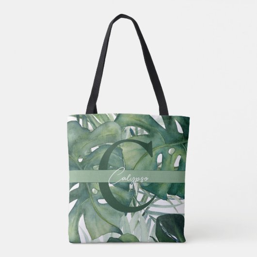 Monogram Letter Tropische bladeren Monstera groen Tote Bag (Achterkant)