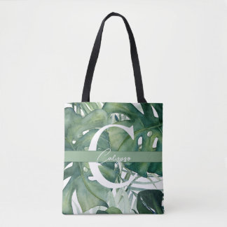Monogram Letter Tropische bladeren Monstera groen Tote Bag