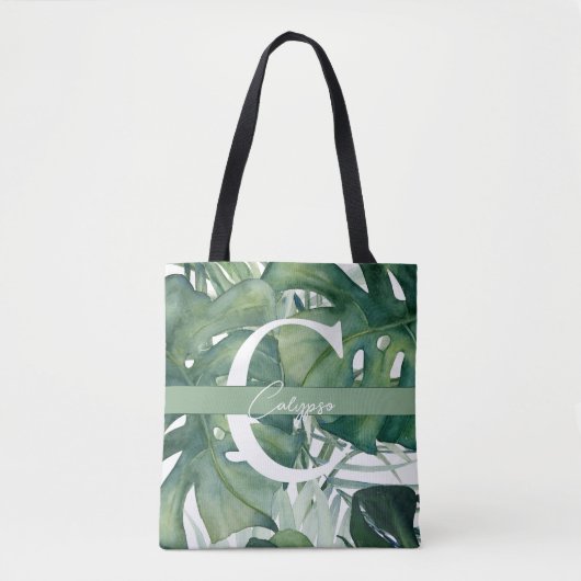 Monogram Letter Tropische bladeren Monstera groen Tote Bag (Voorkant)