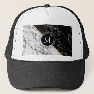 Monogram Letter Trucker Hat Black White Marmer Pet