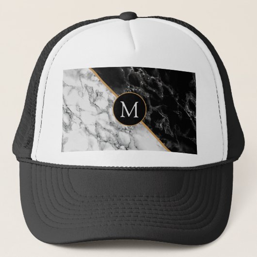 Monogram Letter Trucker Hat Black White Marmer Pet (Voorkant)