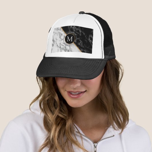 Monogram Letter Trucker Hat Black White Marmer Trucker Pet (In situ)