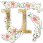Monogram Letter U Pink Rose Bloemenblad Waterverf Sticker (Voorkant)