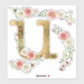 Monogram Letter U Pink Rose Bloemenblad Waterverf Sticker (Vel)