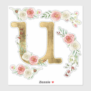 Monogram Letter U Pink Rose Bloemenblad Waterverf Sticker