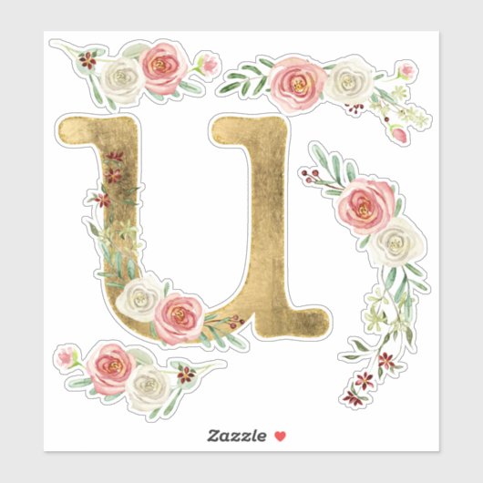 Monogram Letter U Pink Rose Bloemenblad Waterverf Sticker (Vel)