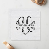 Monogram letter V met familienaam Notitiekaartje (Voorkant / Achterkant in situ)