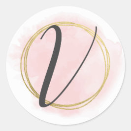Monogram Letter V Roze Waterverf Goud Chic Ronde Sticker