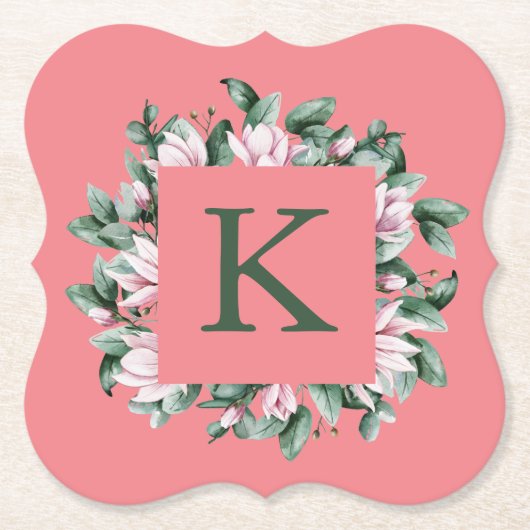 Monogram Letter Vierkant Bloemenkader        Kartonnen Onderzetters (Voorkant)