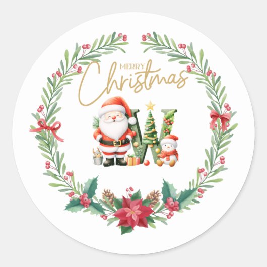 Monogram letter W, Kerstkrans w / Sinterklaas Ronde Sticker (Voorkant)