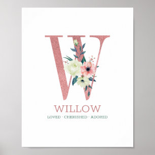 Monogram Letter W Roze Waterverf Floral Neursery Poster