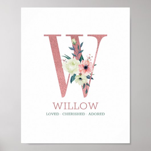 Monogram Letter W Roze Waterverf Floral Neursery Poster (Voorkant)