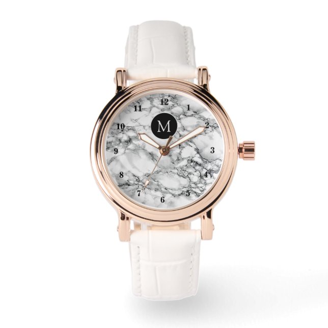 Monogram Letter Witte Marmeren Stenen Horloge (Voorkant)