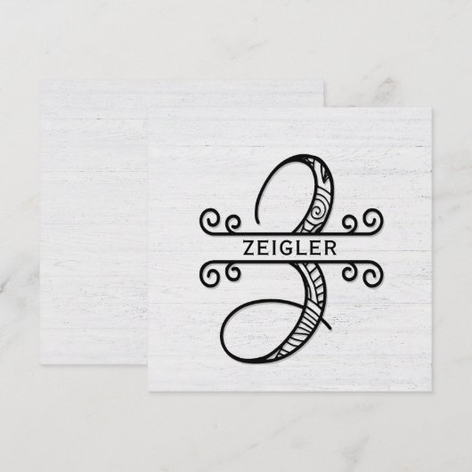 Monogram Letter Z met Kaart familienaam Note Notitiekaartje (Voorkant / Achterkant)