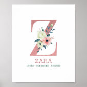 Monogram Letter Z Roze Waterverf Floral Neursery Poster (Voorkant)