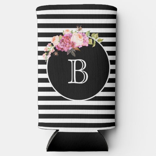Monogram Letter zwart-wit stripes Seltzer Blikjeskoeler (Voorkant)