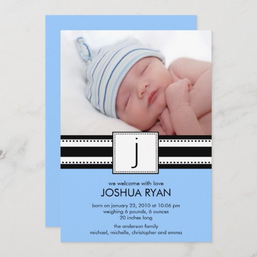 Monogram LetterJ Baby PHOTO geboorteaankondiging Aankondiging (Voorkant / Achterkant)