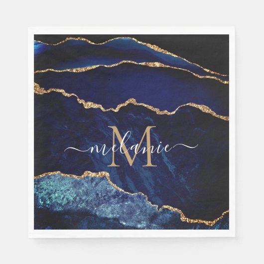 Monogram Letternaam Agaat Marine Blauw Gouden Serv Servet (Voorkant)