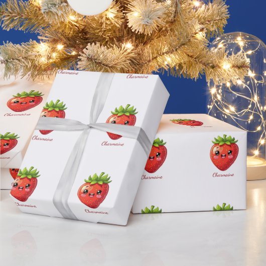Monogram leuke aardbei kawaii cadeaupapier (Feestdagen)