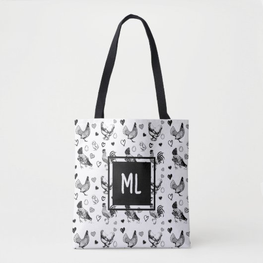 Monogram Leuke Zwart-witte Cartoon Kippen Tote Bag (Voorkant)