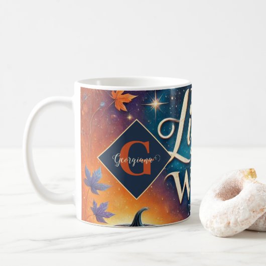 Monogram Levendig Christelijk Halloween Bijbelvers Koffiemok (Met donut)