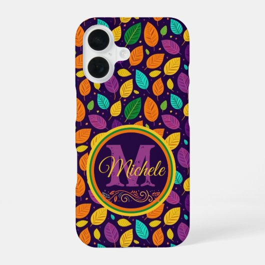 Monogram levendige herfstbladeren iPhone 16 hoesje (Achterkant)