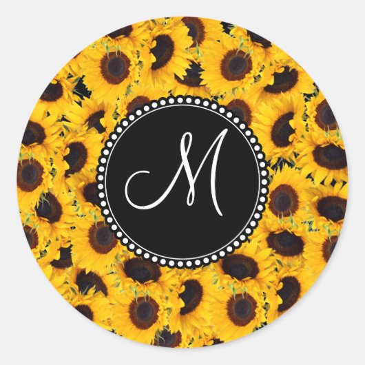 Monogram Levendige mooie zonnebloemen Ronde Sticker (Voorkant)