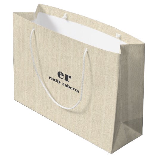 Monogram Licht Beige Jute Grijze Typografie Groot Cadeauzakje (Achterkant Gekanteld)