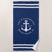 Monogram licht marineblauw wit anker nautisch strandlaken (Voorkant)