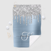 Monogram Lichtblauw en Zilveren Dripping Glitter Golfhanddoek (Insitu)