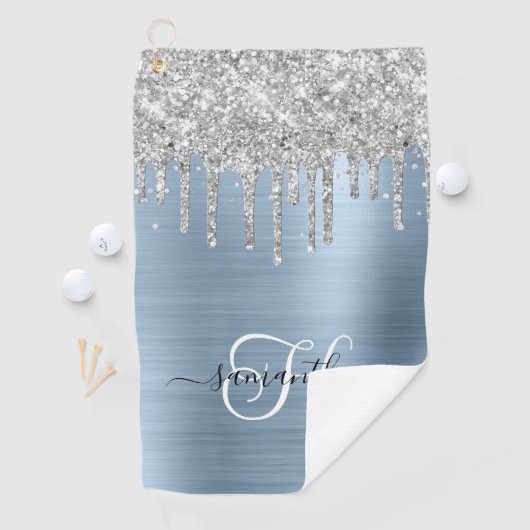 Monogram Lichtblauw en Zilveren Dripping Glitter Golfhanddoek (Insitu)