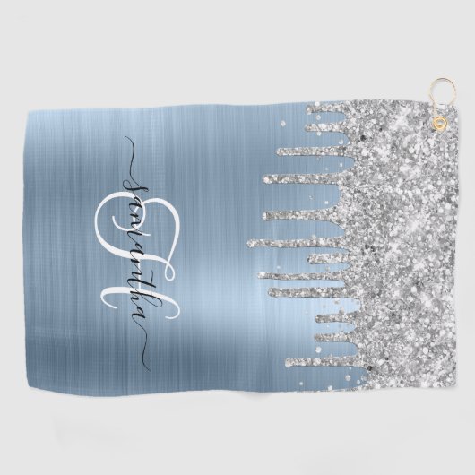 Monogram Lichtblauw en Zilveren Dripping Glitter Golfhanddoek (Horizontaal)