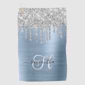 Monogram Lichtblauw en Zilveren Dripping Glitter Golfhanddoek (Voorkant)