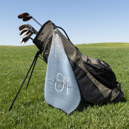 Monogram Lichtblauw en Zilveren Dripping Glitter Golfhanddoek (Groen)