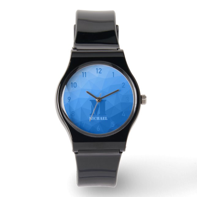 Monogram lichtblauw geometrisch maaspatroon horloge (Voorkant)