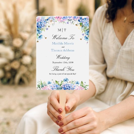 Monogram Lichtblauw Hydrangea Huwelijksprogramma Handwaaier
