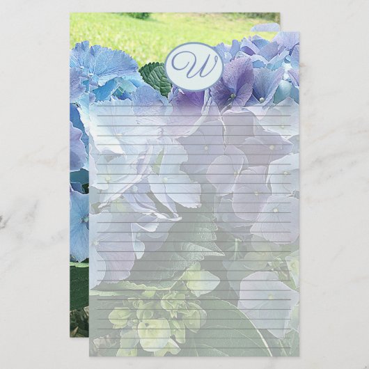 Monogram lichtblauw hydrangea-schrijfpapier briefpapier (Voorkant / Achterkant)